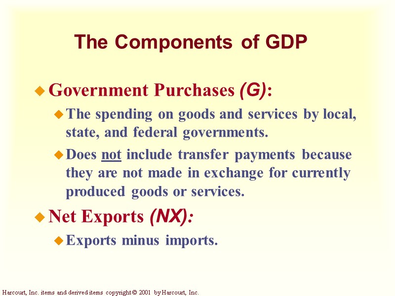 The Components of GDP Government Purchases (G): The spending on goods and services by